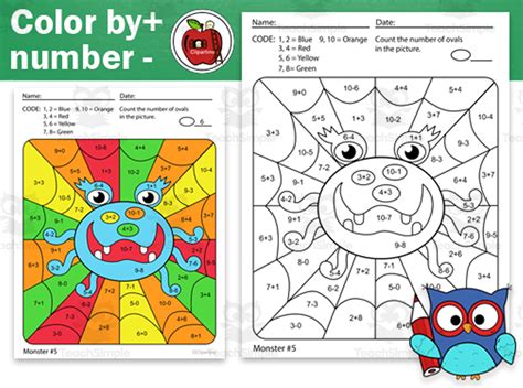 Monsters Color By Code Worksheet Mix Addition And Subtraction By Teach Simple