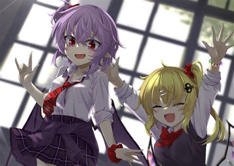 Safebooru 2girls Akisome Hatsuka Bangs Bat Wings Blonde Hair Bow