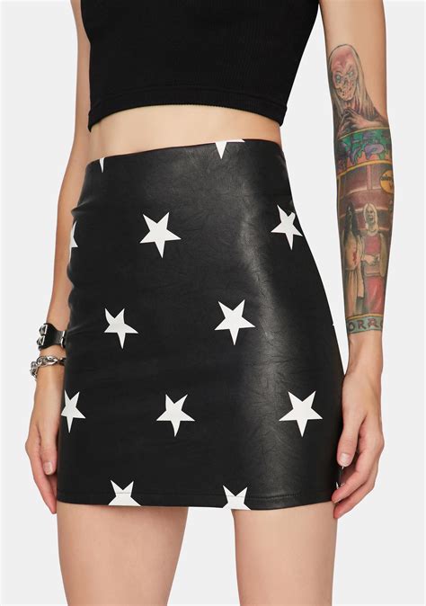 Star Print Mini Skirt Black Vegan Leather Dolls Kill