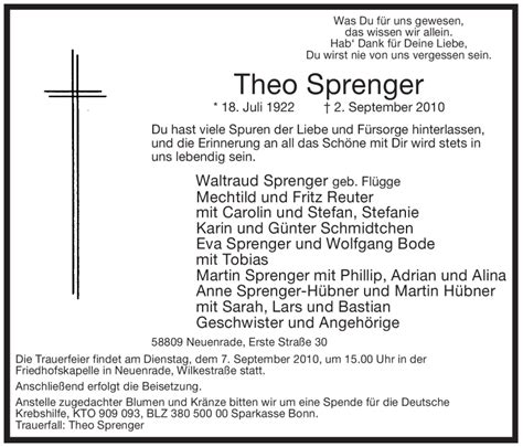 Traueranzeigen Von Theo Sprenger Trauer In Nrw De