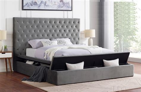 Yy Gry Grey Tufted Velvet Fabric Queen Bed Frame With Storage All