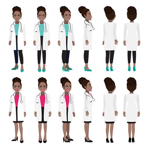 African American Female Doctor Cartoon Character Front Side Back 3