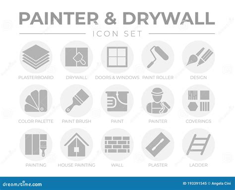 Round Gray Painter And Drywall Icon Set With Plasterboard Paint Roller