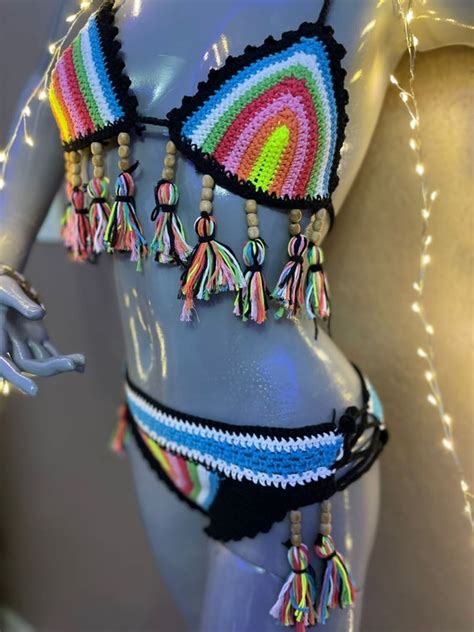 Crochet Bikini Colorful Tasseled Bottom Top Suit Beach Dress Etsy