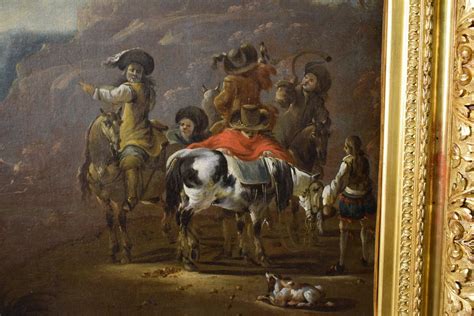 Th Century Oil On Canvas Dutch Painting With Hunting Scene For Sale