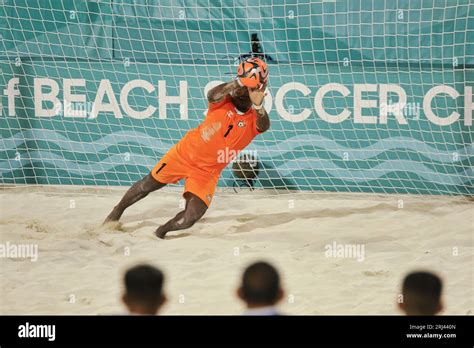 Two beach soccer teams, the Bahamas and Guatemala, compete against each ...