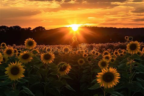 Sunflower Field with Silhouette of Person for Warm and Inviting Photo ...