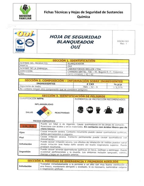 Fichas T Cnicas Y Hojas De Seguridad De Sustancias Qu Mica