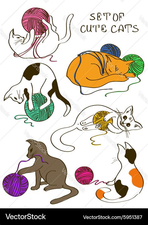 Set of cats playing ball of yarn Royalty Free Vector Image