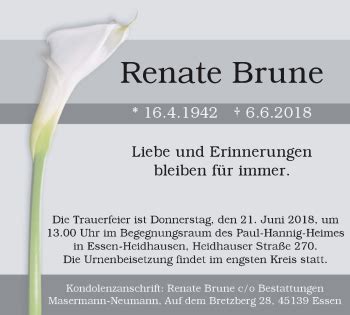 Traueranzeigen Von Renate Brune Trauer In NRW De