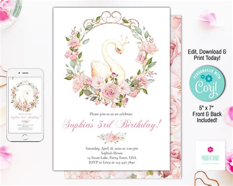 Editable Swan Birthday Invitation Elegant Swan Princess Etsy Australia