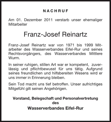 Traueranzeigen Von Franz Josef Reinartz Aachen Gedenkt