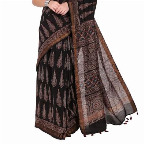 Festive Wear Printed Ajrakh Black Maheshwari Silk Saree 6 3 M With