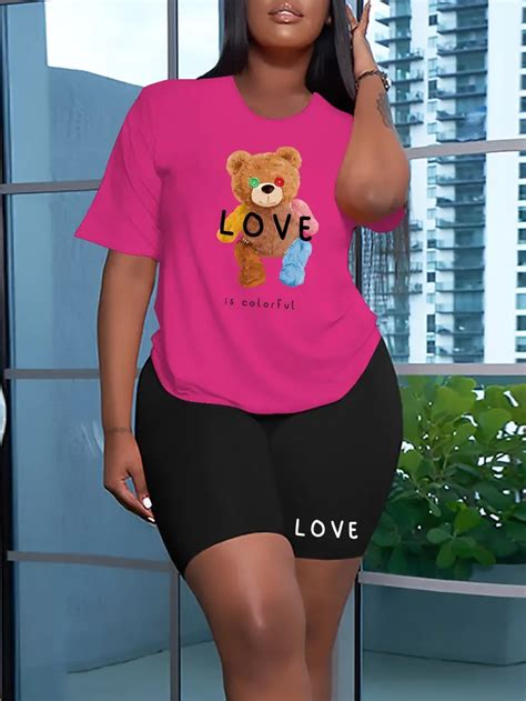 Plus Size Bear Print Two Piece Crew Neck Short Sleeve Top Temu Canada