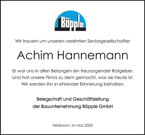 Traueranzeigen Von Achim Hannemann Trauerundgedenken De