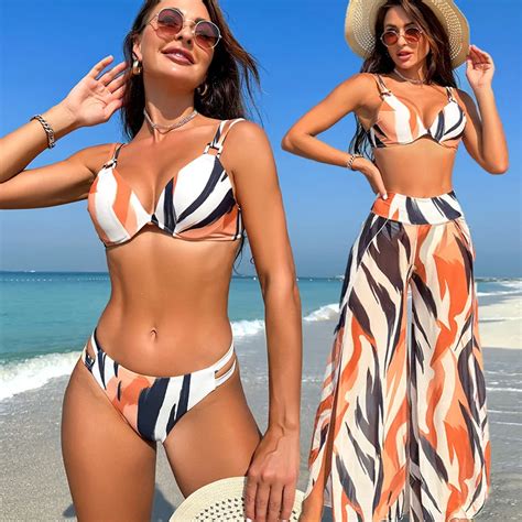 Summer Printed Women Swimsuit Three Piece Set Bikini Sling Straps Swimsuit Sexy Micro Bikini