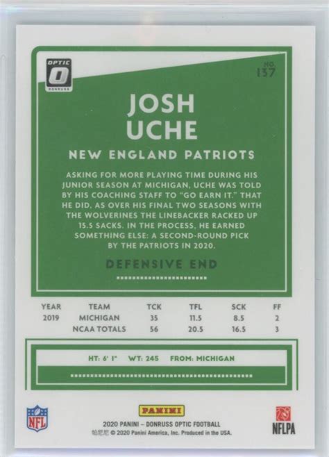 2020 Donruss Optic Josh Uche Rc New England Patriots 137 Ebay