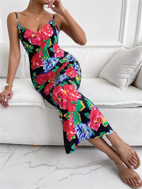 Shein Sxy Floral Print Split Back Tie Backless Cami Dress Cami Dress