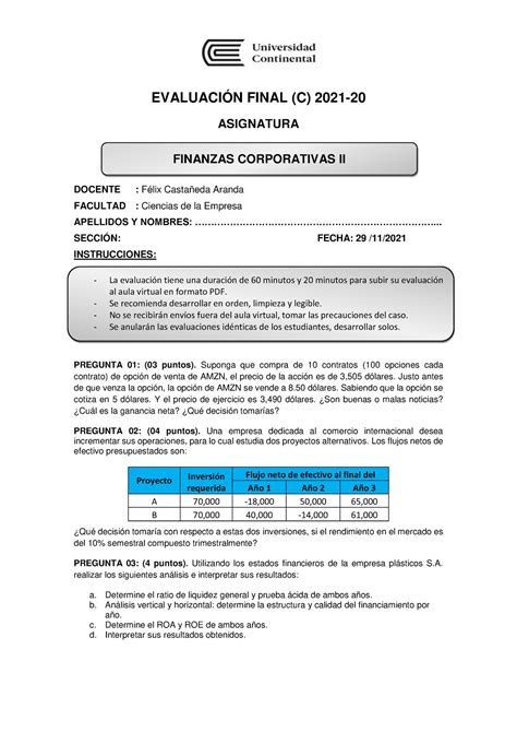 Examen final C Finanzas Corporativas II EVALUACIÓN FINAL C 2021