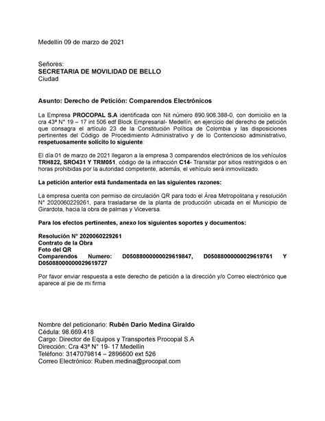 Formato Derecho De Peticion Medell N De Marzo De Se Ores