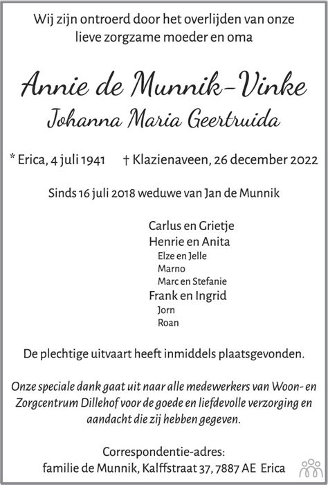 Annie Johanna Maria Geertruida De Munnik Vinke 26 12 2022