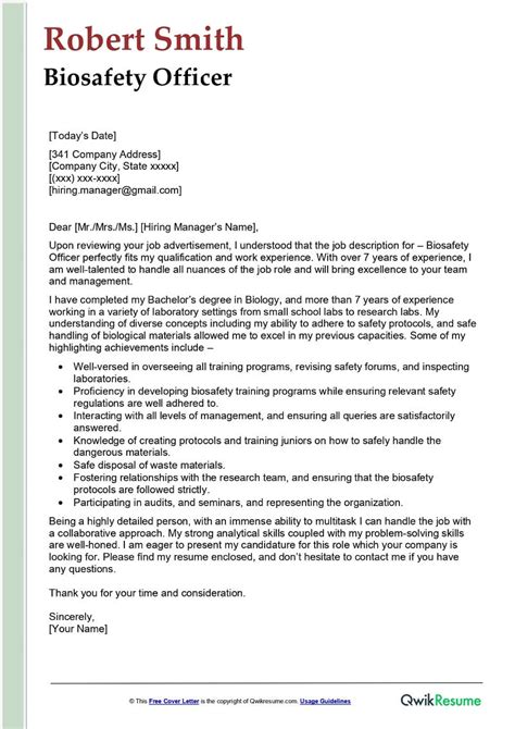 Biosafety Officer Cover Letter Examples Qwikresume