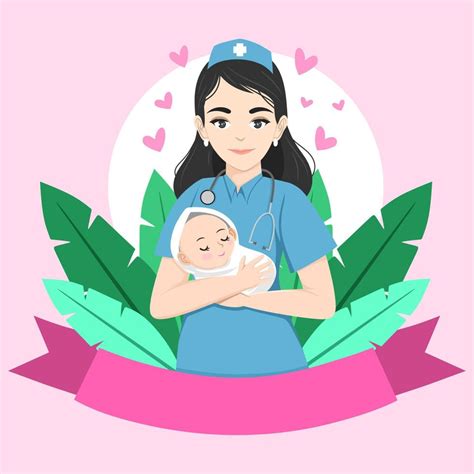 Vector Illustration Of A Midwife Holding A Baby In Her Arms