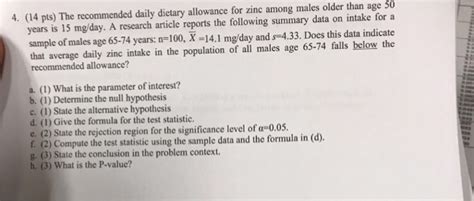 Solved 4 14 Pts The Recommended Daily Dietary Allowance