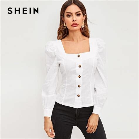 Shein White Button Up Placket Gigot Sleeve Square Neck Slim Fit Shirt