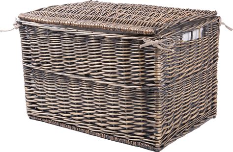 Woodluv Medium Grey Wicker Storage Basket Trunk Chest Hamper Lidded