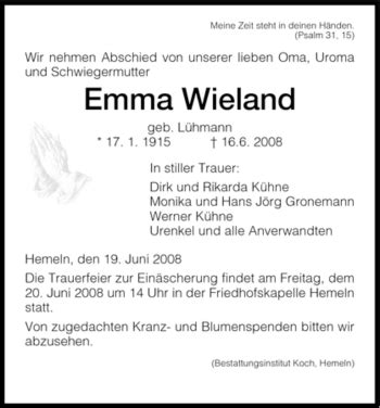 Traueranzeigen Von Emma Wieland Trauer HNA De