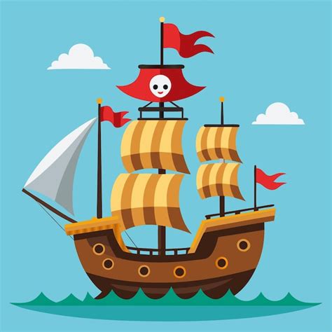 Una Caricatura De Un Barco Pirata Con Una Bandera Roja En La Parte