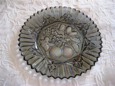 Vintage Smoke Gray Glass Serving Platter Plate Carnival Glass Platter Iridescent Glass