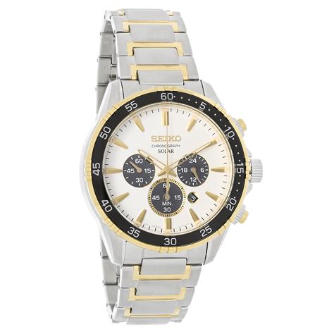 Seiko Solar Mens Chronograph Two Tone White Dial Dress Quartz Watch Ssc446 Ebay