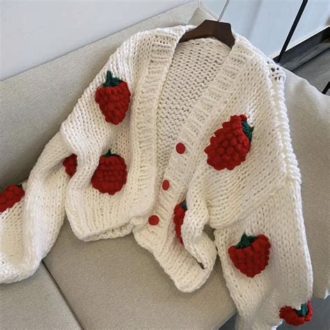 Cute Three Dimensional Strawberry Cardigan Long Sleeved Sweater Fabric