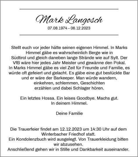 Traueranzeigen Von Mark Langosch ZVW Trauer