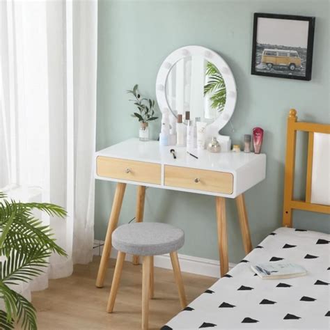 Luxs Coiffeuse Tiroirs Avec Led Miroir Et Tabouret Style Scandinave