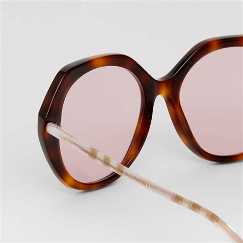 Oversized Check Detail Geometric Frame Sunglasses In Warm Tortoiseshell Women Burberry® Official