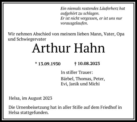 Traueranzeigen Von Arthur Hahn Trauer Hna De