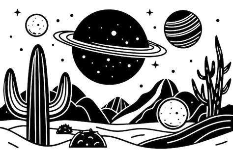 Premium Vector | A black and white drawing of planets and stars