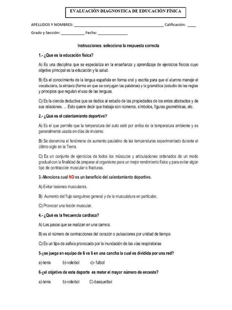 Evaluacion Diagnostica De Educacion Fisica 2do Secundaria 2do A B Pdf