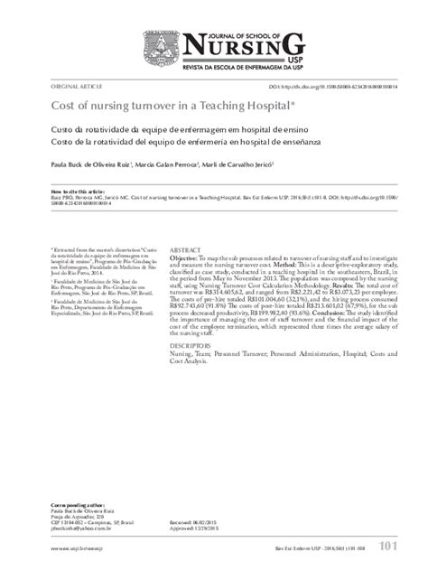 Pdf Cost Of Nursing Turnover In A Teaching Hospital