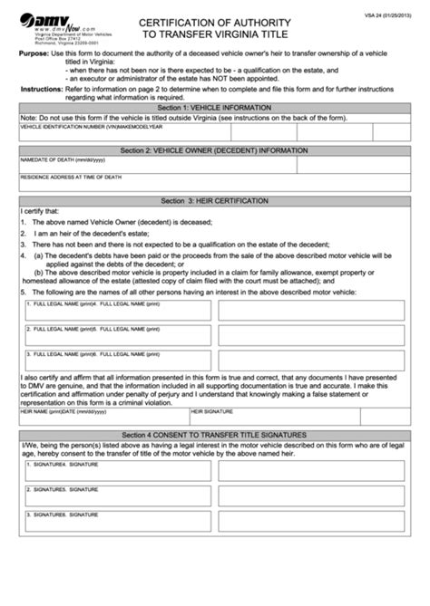 Fillable Form Vsa 24 Certification Of Authority To Transfer Virginia