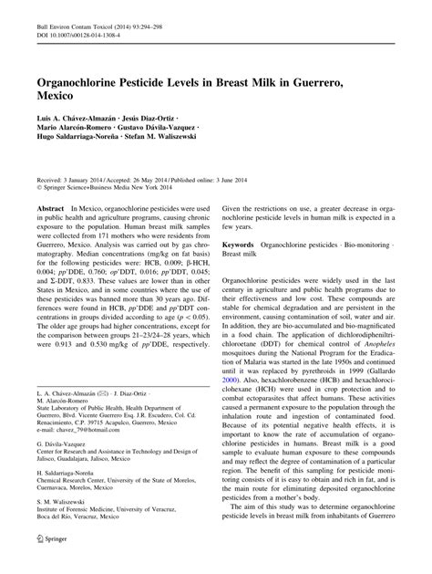 Pdf Organochlorine Pesticide Levels In Breast Milk In Guerrero Mexico