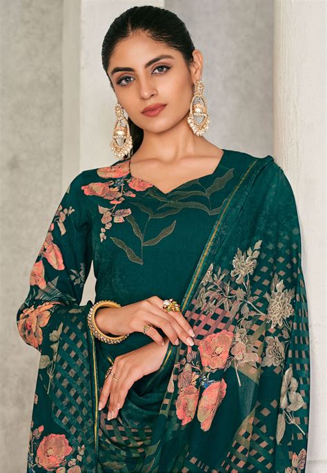 Buy Digital Printed Pashmina Silk Pakistani Suit In Dark Green Online