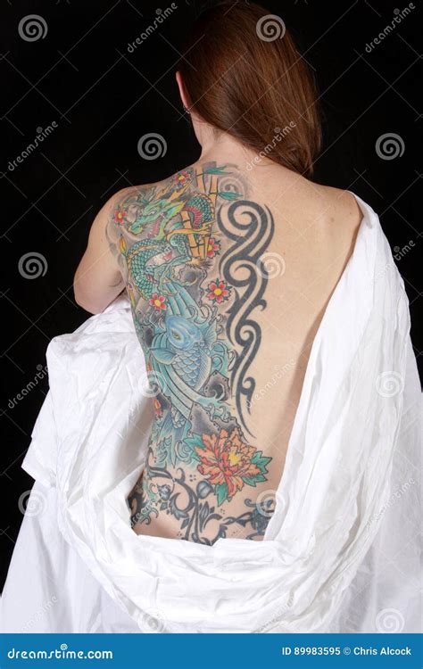 Nude Woman Covered In Japanese Style Tattoos Stock Image Image Of Caucasian Lotus 89983595