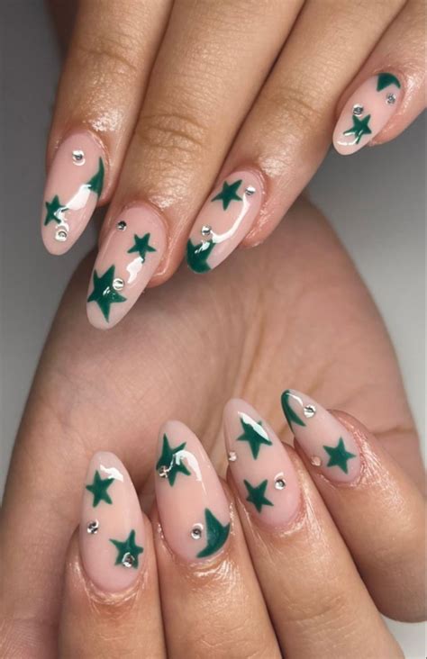 Green Star Acrylic Nails In 2023 Almond Acrylic Nails Designs