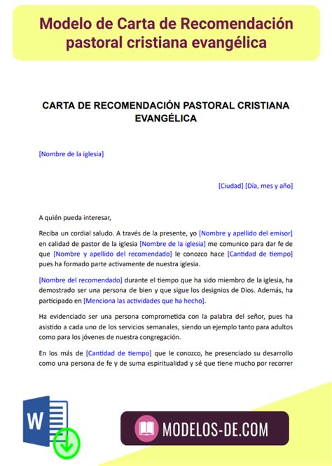 Modelo De Carta De Recomendación Pastoral En Word Gratis