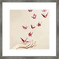 Group Of Red Origami Cranes Flying Away By Paper Boat Creative