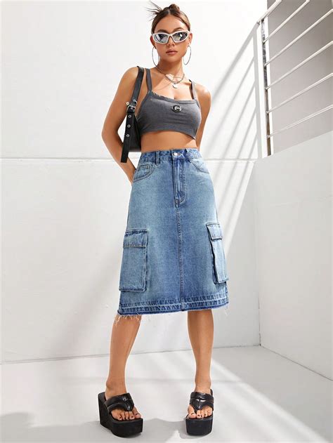 Shein Icon Flap Pocket Side Denim Skirt Shein Usa